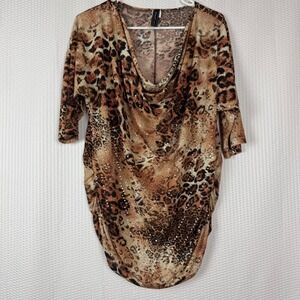 Touch Me Women's 1X Leopard Print‎ Cowl Neck Ruched Tunic Top Sequins